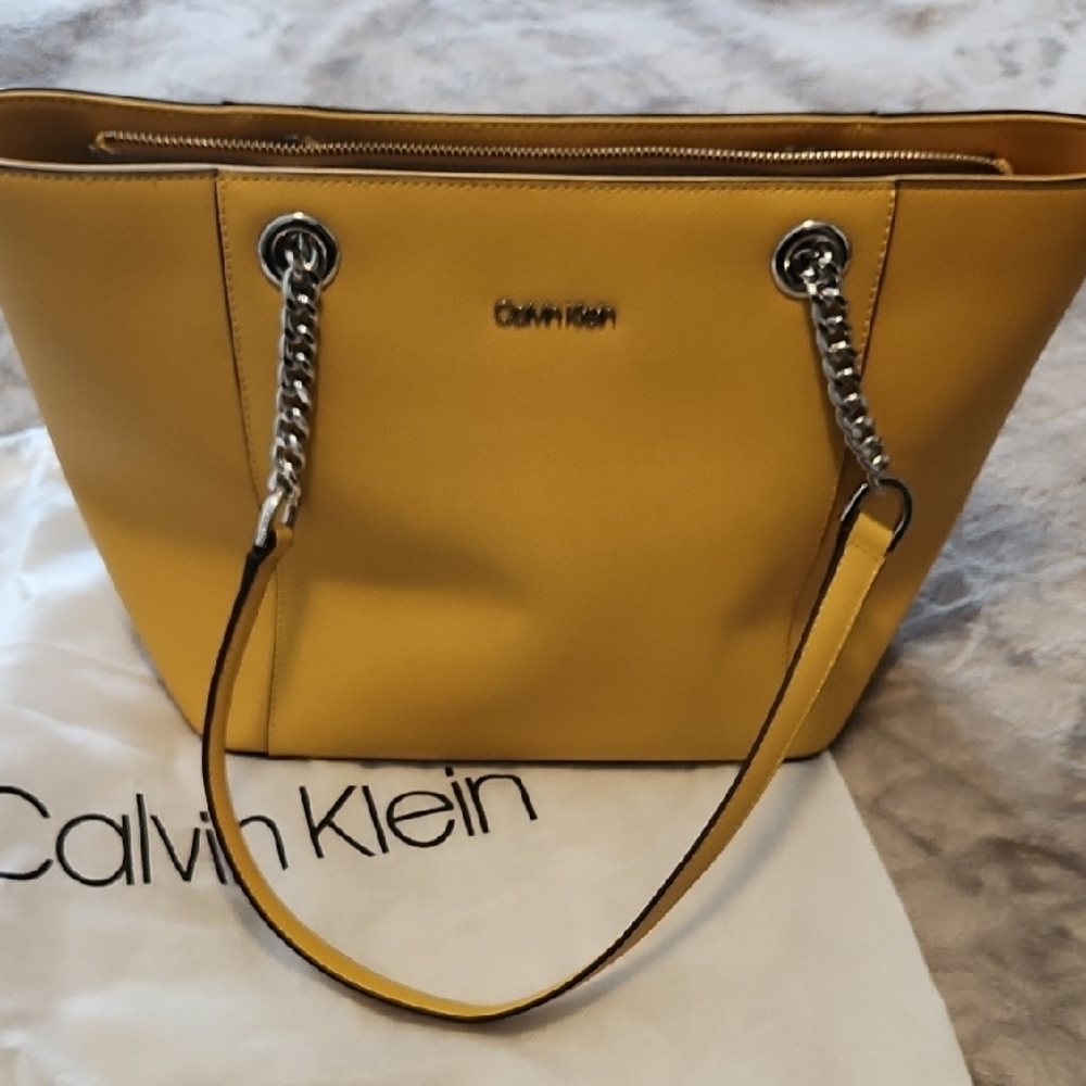 Calvin Klein Yellow Structured Tote with Chain Straps